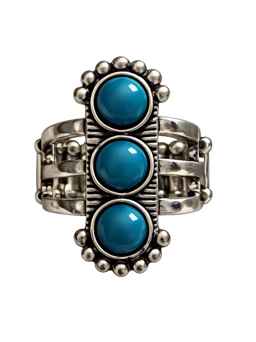 ANTHROPOLOGIE • Silver Triple Turquoise Cabochon Statement Festival Boho Ring